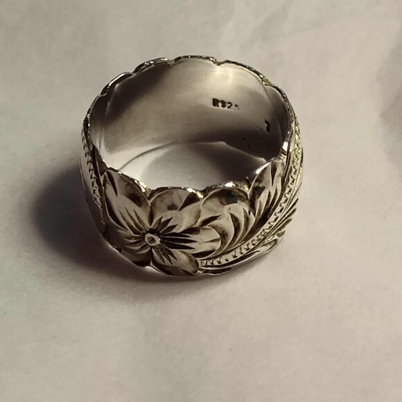 Sterling Silver 925 Plumeria Flower Scroll Band Ring Sz 7 - Picture 6 of 12